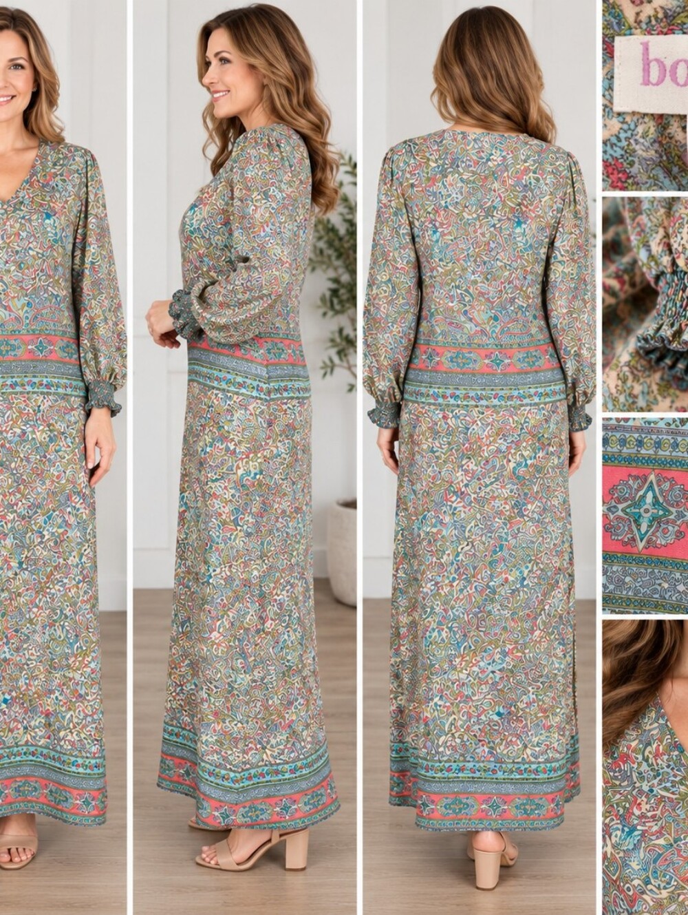 Boemo 1X Paisley Boho Maxi Dress Long Sleeve V Neck Colorful Border Pri N t